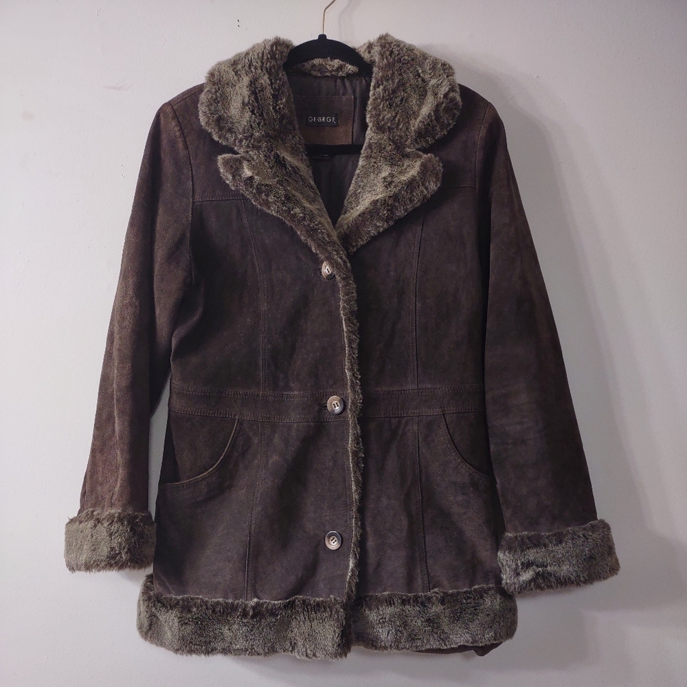 George Leather Coat with Faux Fur Trim, Size Large
